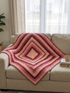 Vintage GRANDMA Square Pink Crochet Knit Throw Blanket Handmade 63 x 63